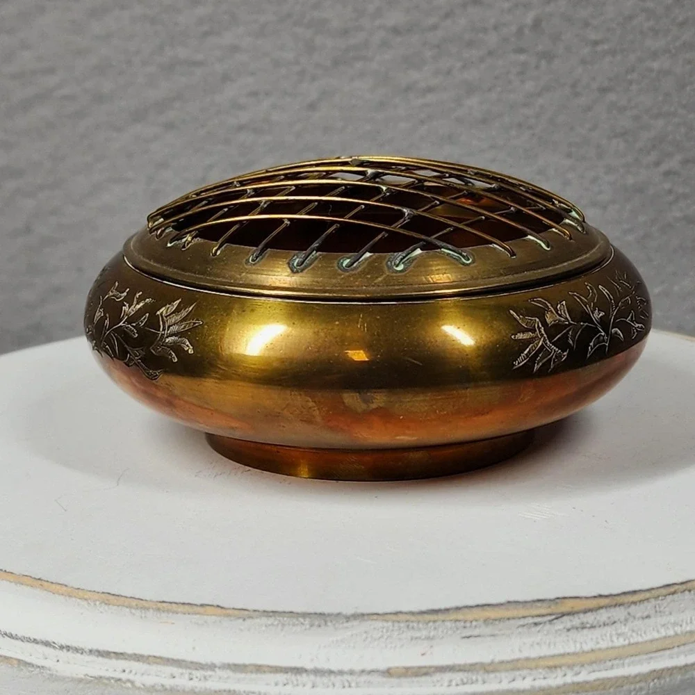 Vintage Brass Copper Flower Pot Frog Bowl 4in‎ Gold Metal Engraved India 80s